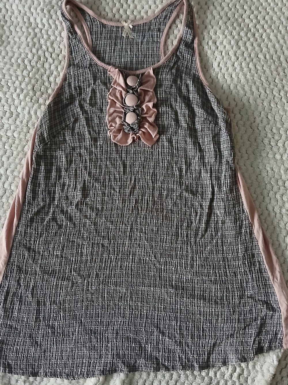 Lapis Gray Textured Crinkle Racerback Tank 🎀 Pink Bow Ruffle & Buttons, Large